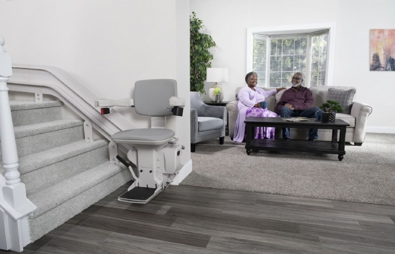 Bruno Elite curved chair stairlift with an indoor rail, pictured by Lifeway Mobility